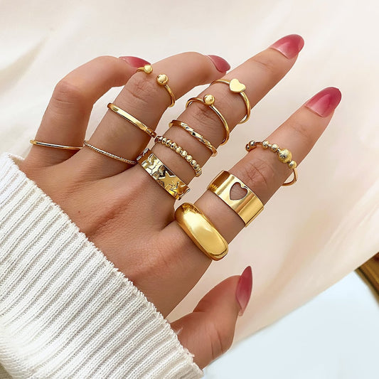 12-Piece Retro Ring Set – Stackable Vintage Relief Rings in Gold & Silver