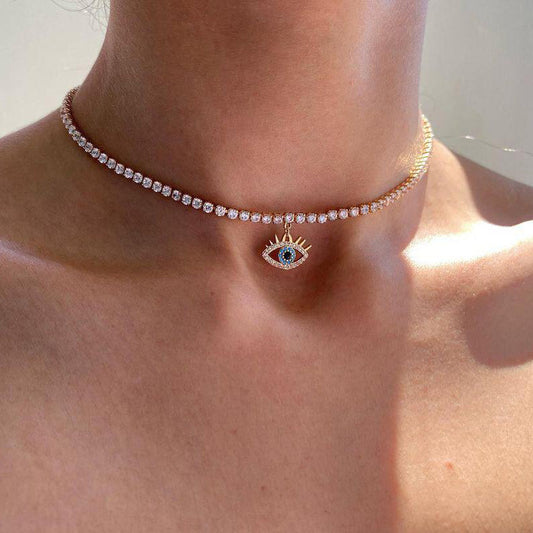 Devil Eye Rhinestone Choker – Vintage Gold Short Necklace with Evil Eye Pendant