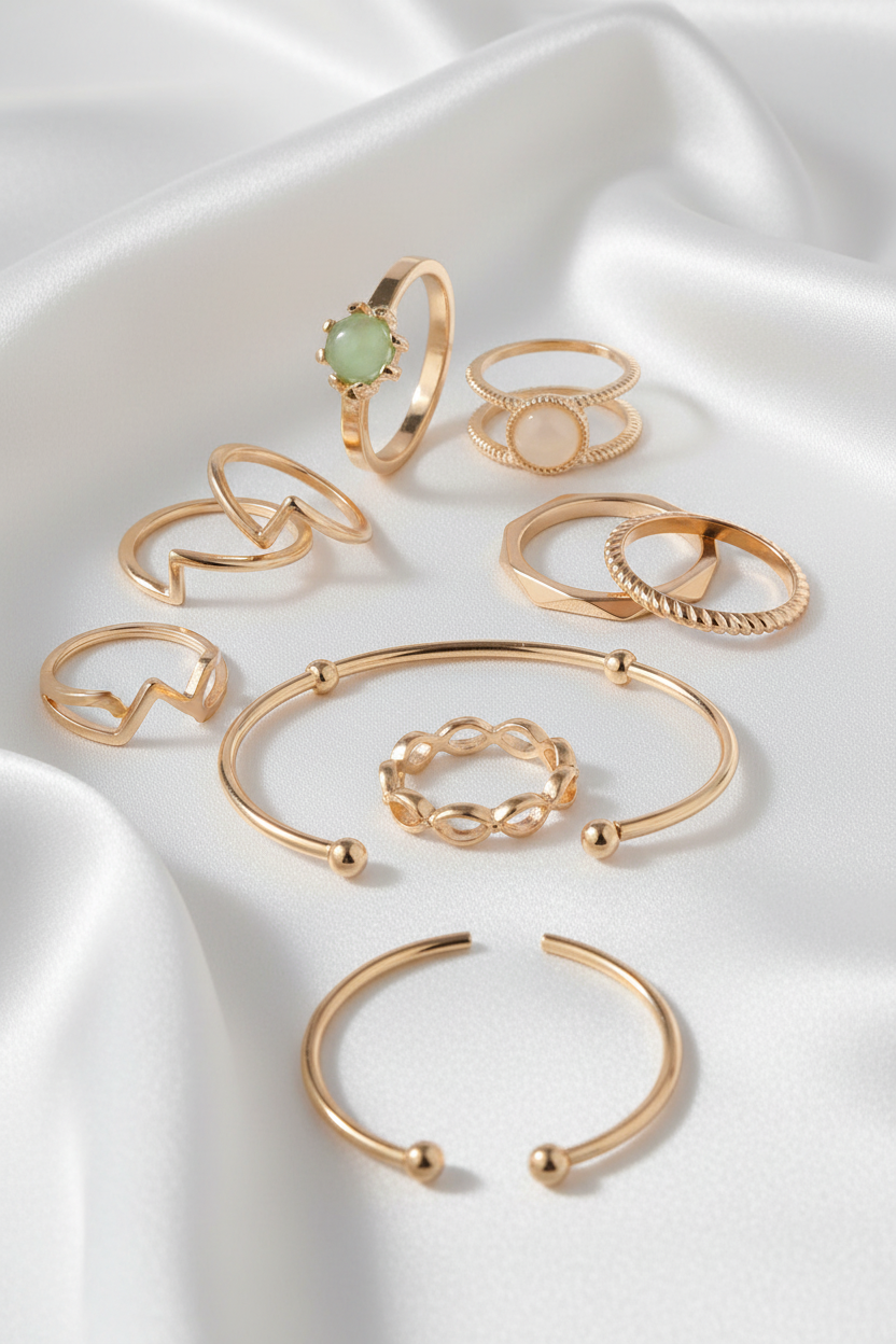 8-piece gold geometric bridal ring and bracelet set arranged on white silk fabric